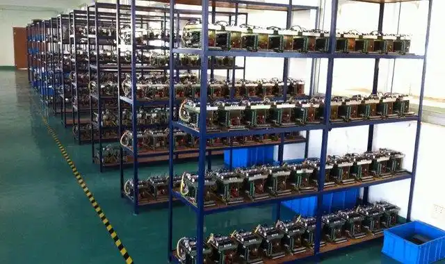 A large-scale Bitcoin mining farm with rows of humming ASIC miners.