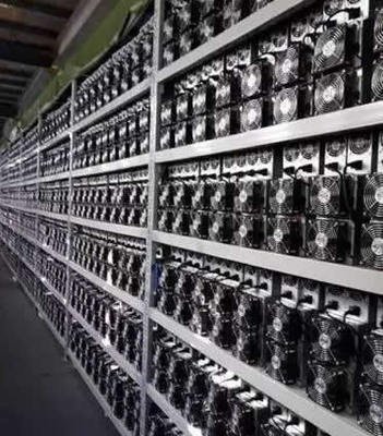 Vast mining farm with rows of mining rigs in a controlled environment
